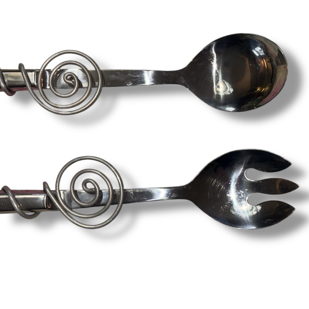 Vintage Dary Rees Large Salad Fork & Spoon w/ Spirals & Jewels 12" Stainless - Picture 4 of 6